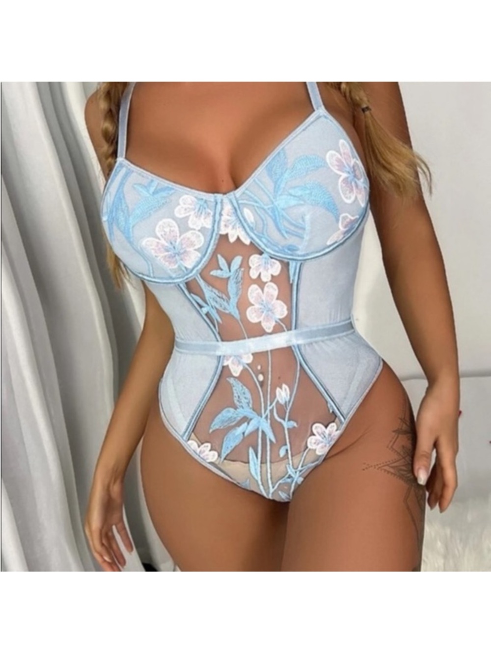 Sheer Floral Embroidered Light Blue Bodysuit